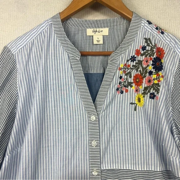 Style & Co. Striped Embroidered Floral Blouse LARGE Boho Cottagecore Lightweight - Picture 3 of 13